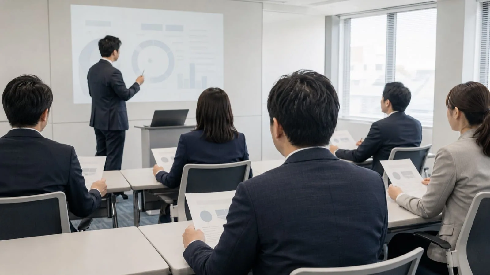 会議室で社員たちが配られた資料を手に、説明役の話を聞いている社内勉強会の様子