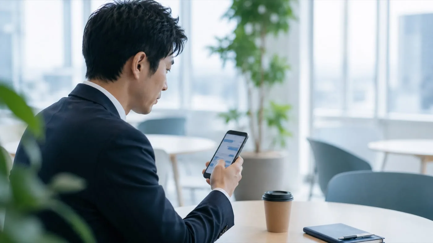 オフィスの休憩スペースで、検索の代わりにスマートフォンのAIチャットで調べ物をするビジネスパーソン