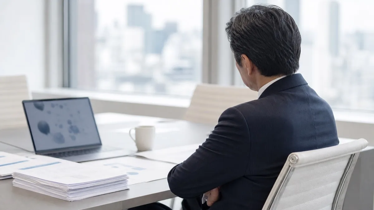会議室でLLMO対策の提案資料を前に、腕を組んで導入を判断しようと考え込むビジネスパーソン