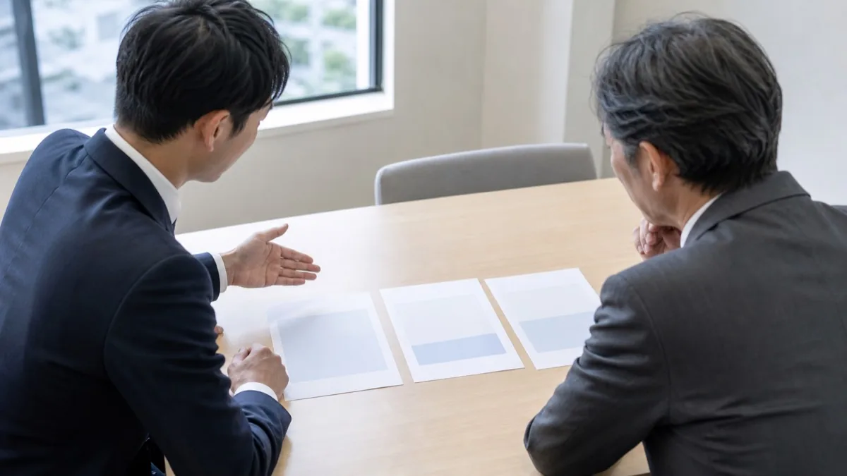 明るい会議室で、専門家が経営者にテーブルに並べた3枚の資料を順に指し示しながら、選択肢を比較して説明している場面