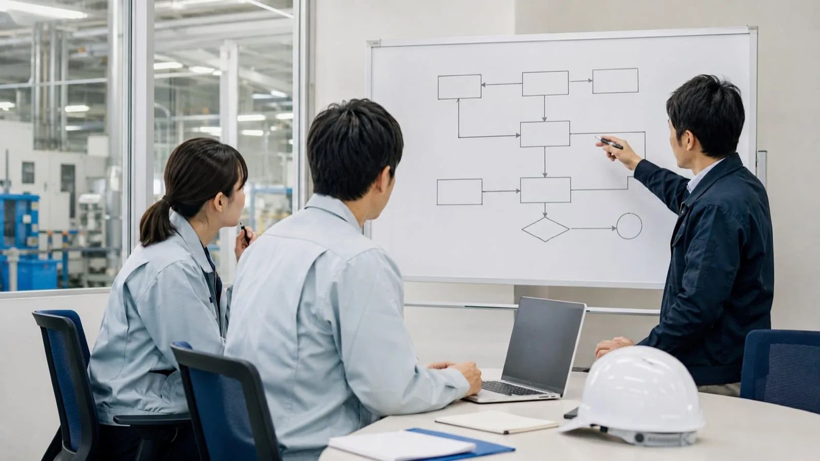 工場に隣接する事務所で、担当者がホワイトボードの業務フロー図を使って現場の担当者に説明している様子