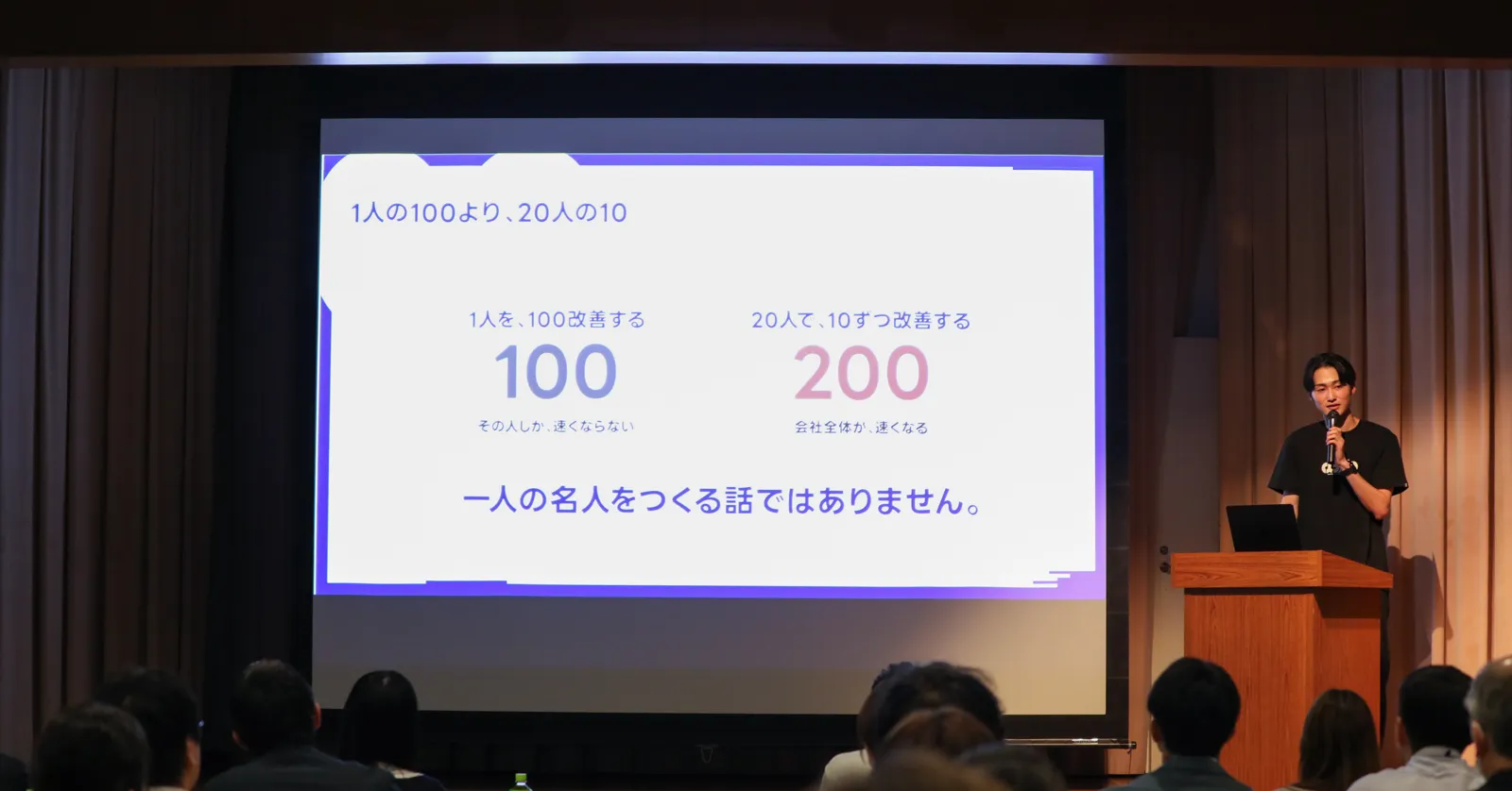 四日市商工会議所1階ホールで、近藤が「1人の100より、20人の10」のスライドを映しながら講演している様子。客席には多くの参加者